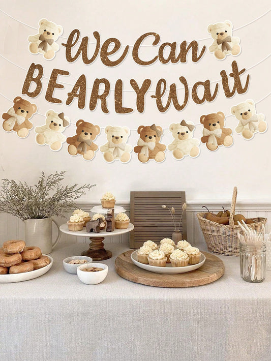 1 Set Brown Bear Baby Shower Reveal Party Decor Hanging Banner, Cute Brown Bear Pattern Gender Reveal Party Background Decor Hanging Streamer, "We Can't Wait" Decor, Baby Christening Party Decoration