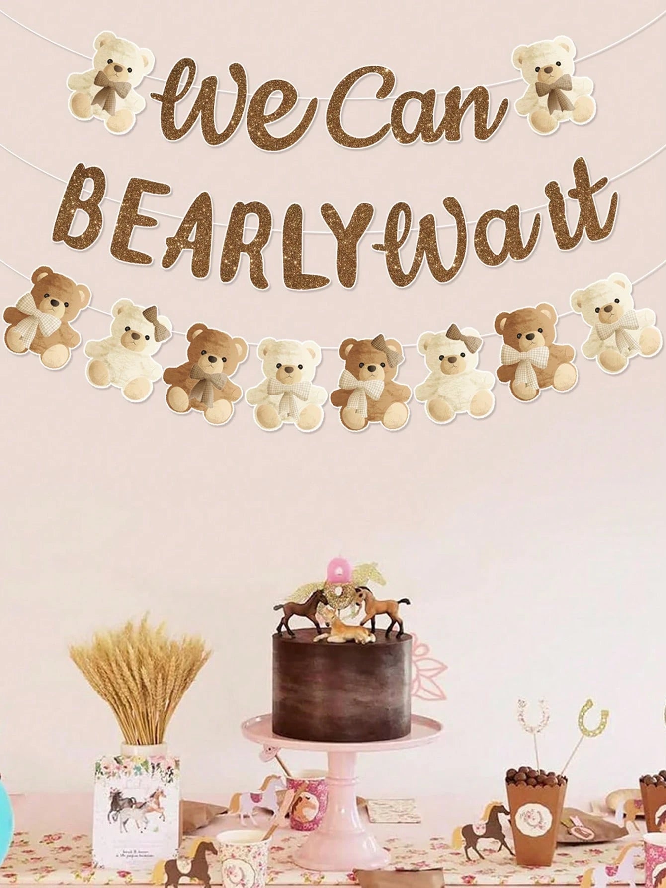 1 Set Brown Bear Baby Shower Reveal Party Decor Hanging Banner, Cute Brown Bear Pattern Gender Reveal Party Background Decor Hanging Streamer, "We Can't Wait" Decor, Baby Christening Party Decoration