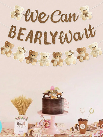 1 Set Brown Bear Baby Shower Reveal Party Decor Hanging Banner, Cute Brown Bear Pattern Gender Reveal Party Background Decor Hanging Streamer, "We Can't Wait" Decor, Baby Christening Party Decoration