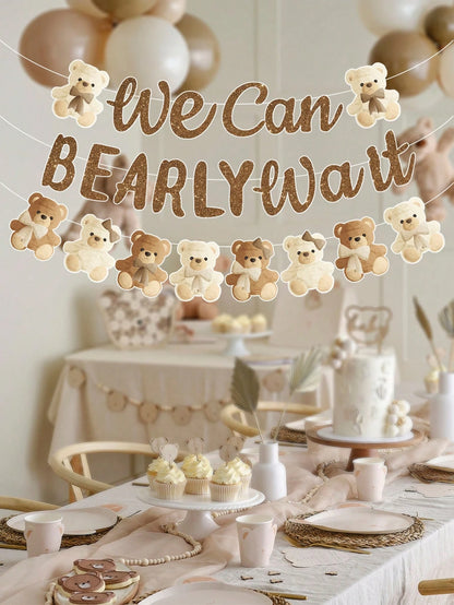 1 Set Brown Bear Baby Shower Reveal Party Decor Hanging Banner, Cute Brown Bear Pattern Gender Reveal Party Background Decor Hanging Streamer, "We Can't Wait" Decor, Baby Christening Party Decoration