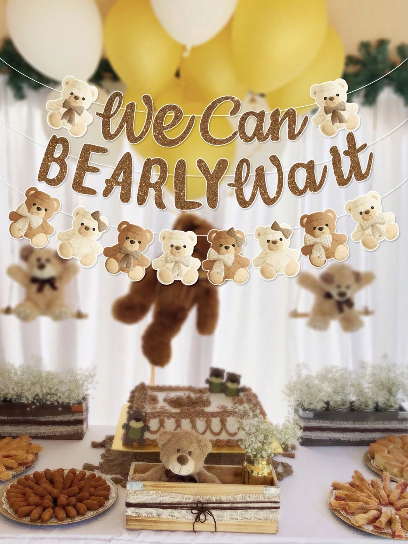 1 Set Brown Bear Baby Shower Reveal Party Decor Hanging Banner, Cute Brown Bear Pattern Gender Reveal Party Background Decor Hanging Streamer, "We Can't Wait" Decor, Baby Christening Party Decoration