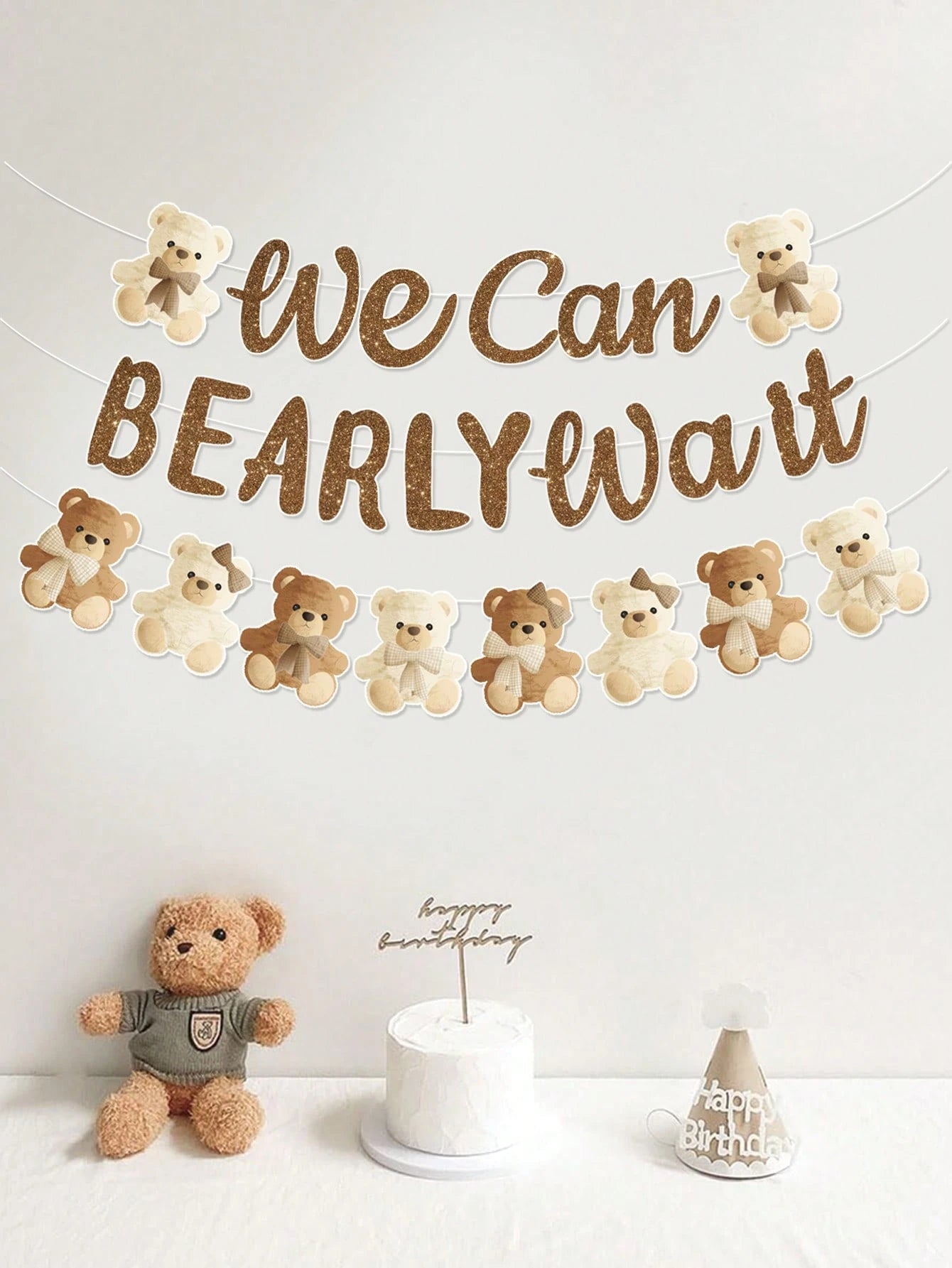 1 Set Brown Bear Baby Shower Reveal Party Decor Hanging Banner, Cute Brown Bear Pattern Gender Reveal Party Background Decor Hanging Streamer, "We Can't Wait" Decor, Baby Christening Party Decoration