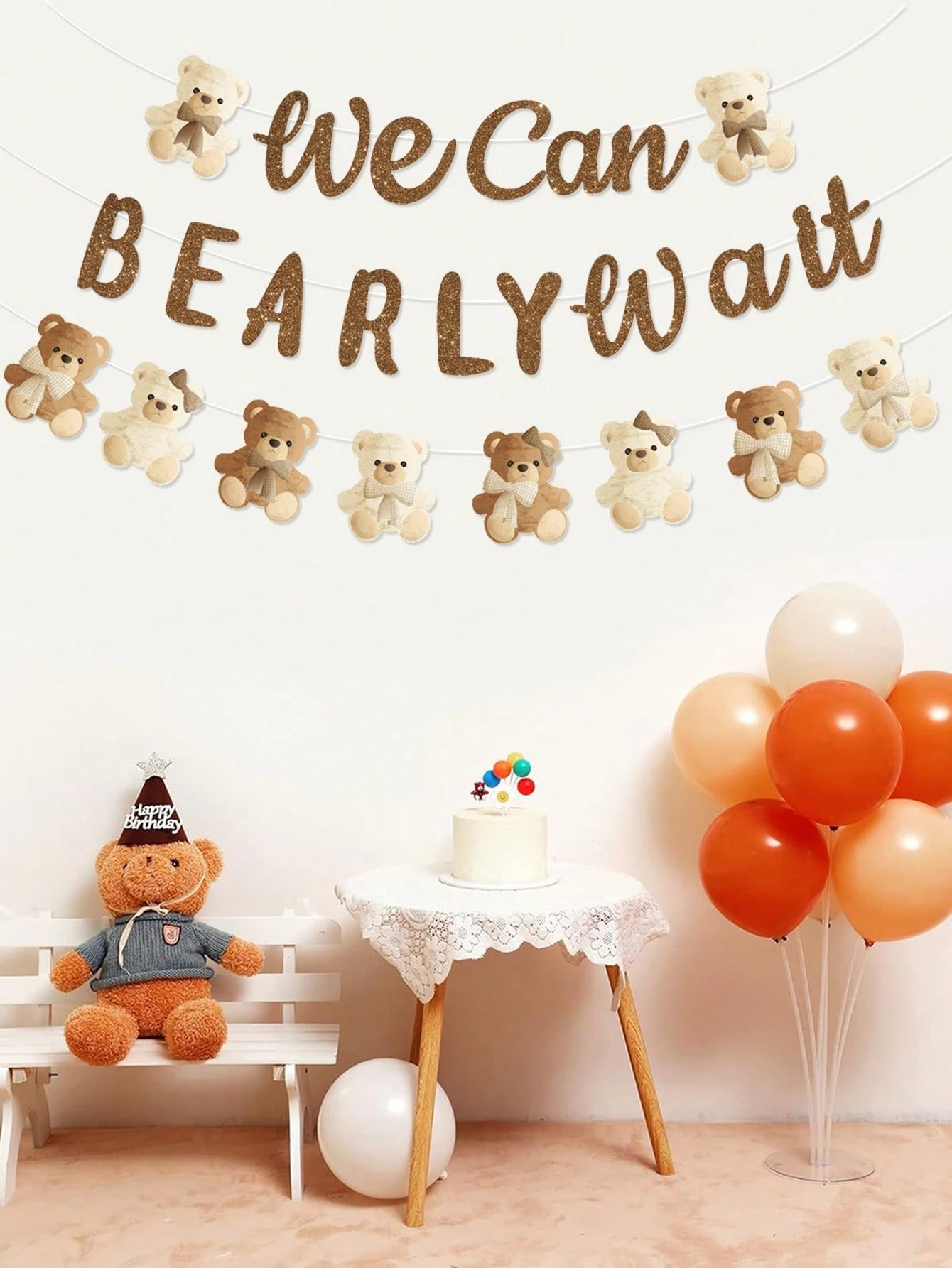 1 Set Brown Bear Baby Shower Reveal Party Decor Hanging Banner, Cute Brown Bear Pattern Gender Reveal Party Background Decor Hanging Streamer, "We Can't Wait" Decor, Baby Christening Party Decoration
