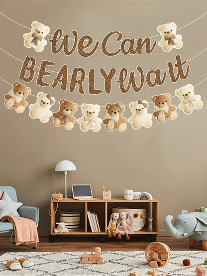 1 Set Brown Bear Baby Shower Reveal Party Decor Hanging Banner, Cute Brown Bear Pattern Gender Reveal Party Background Decor Hanging Streamer, "We Can't Wait" Decor, Baby Christening Party Decoration