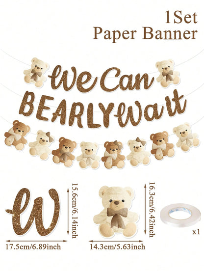 1 Set Brown Bear Baby Shower Reveal Party Decor Hanging Banner, Cute Brown Bear Pattern Gender Reveal Party Background Decor Hanging Streamer, "We Can't Wait" Decor, Baby Christening Party Decoration