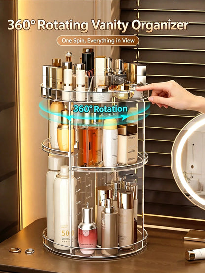 1 Set Cosmetic Storage Rack, 360° Rotating Makeup Organizer, Transparent Acrylic Adjustable Rotating Cosmetic Holder, Large Capacity Makeup Storage Box And Brush Organizer, Suitable For Vanity Tableto