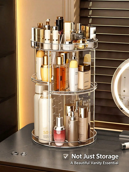 1 Set Cosmetic Storage Rack, 360° Rotating Makeup Organizer, Transparent Acrylic Adjustable Rotating Cosmetic Holder, Large Capacity Makeup Storage Box And Brush Organizer, Suitable For Vanity Tableto
