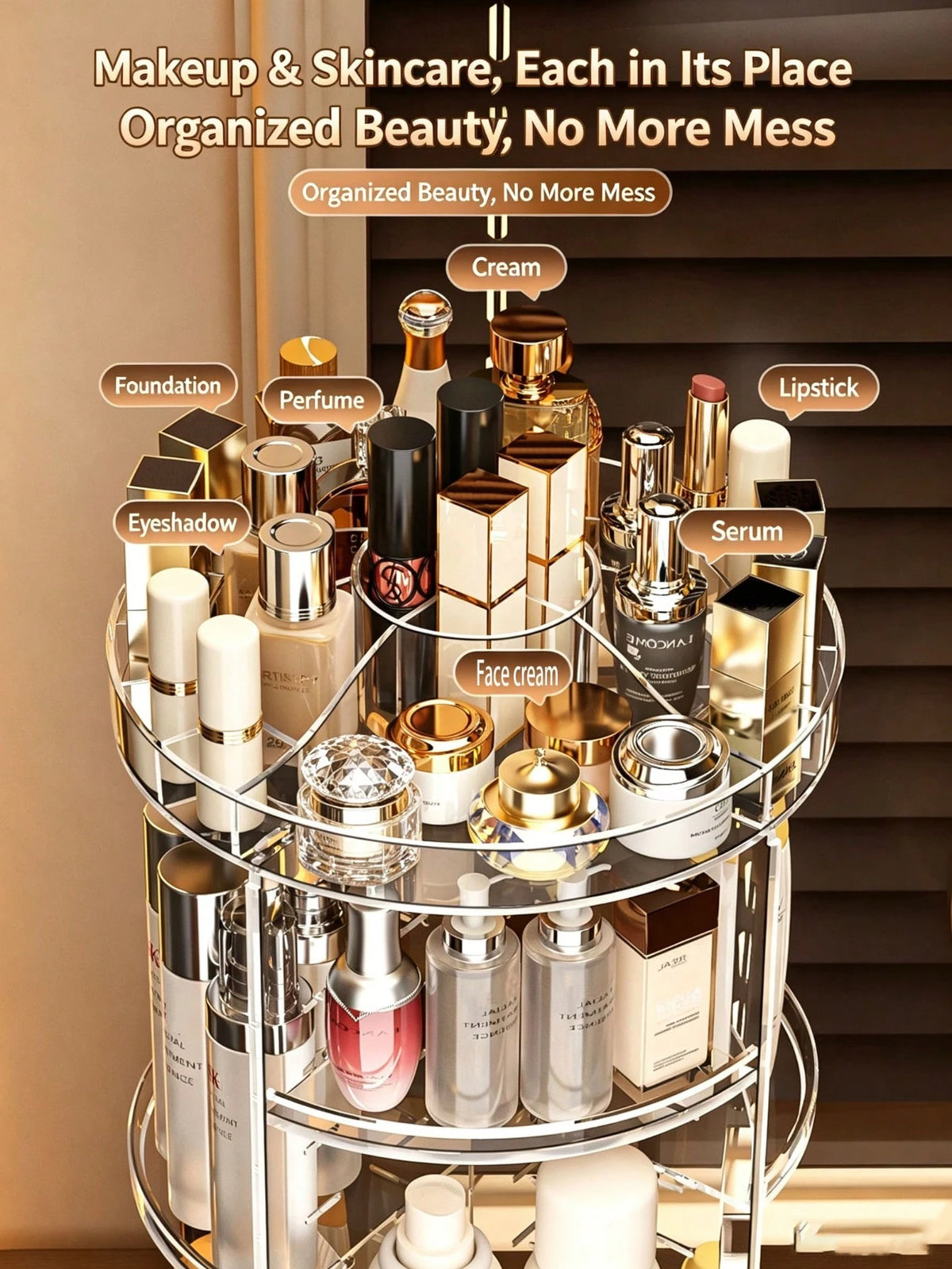 1 Set Cosmetic Storage Rack, 360° Rotating Makeup Organizer, Transparent Acrylic Adjustable Rotating Cosmetic Holder, Large Capacity Makeup Storage Box And Brush Organizer, Suitable For Vanity Tableto