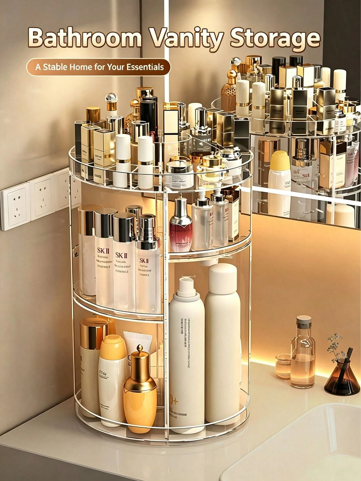 1 Set Cosmetic Storage Rack, 360° Rotating Makeup Organizer, Transparent Acrylic Adjustable Rotating Cosmetic Holder, Large Capacity Makeup Storage Box And Brush Organizer, Suitable For Vanity Tableto