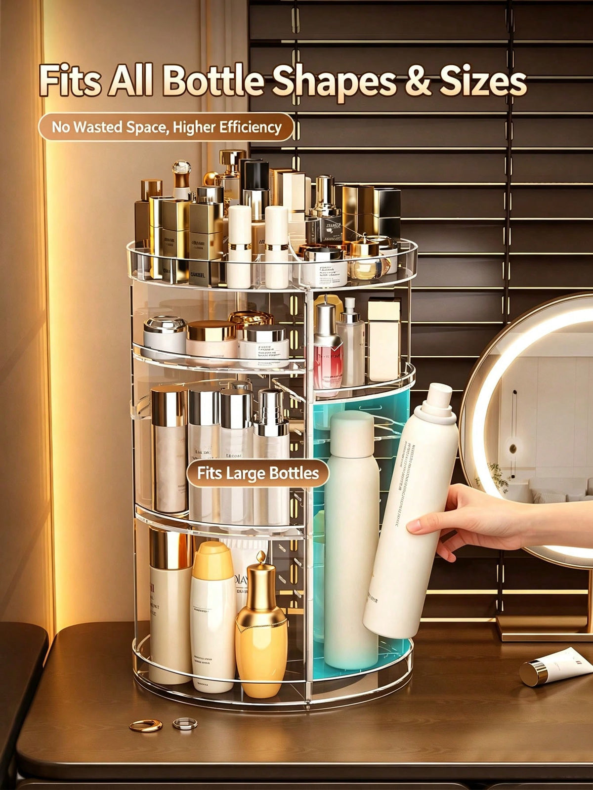 1 Set Cosmetic Storage Rack, 360° Rotating Makeup Organizer, Transparent Acrylic Adjustable Rotating Cosmetic Holder, Large Capacity Makeup Storage Box And Brush Organizer, Suitable For Vanity Tableto