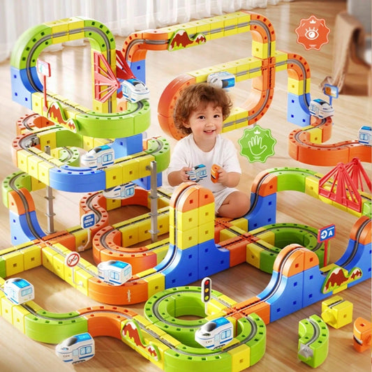 1 Set DIY Multi-Function 3D Building Block Track Set Train Toy, Includes Train And Traffic Signs, STEM Toy, Creative Building Block Track Car, Electric Track Car, Suitable For Boys And Girls, Christma
