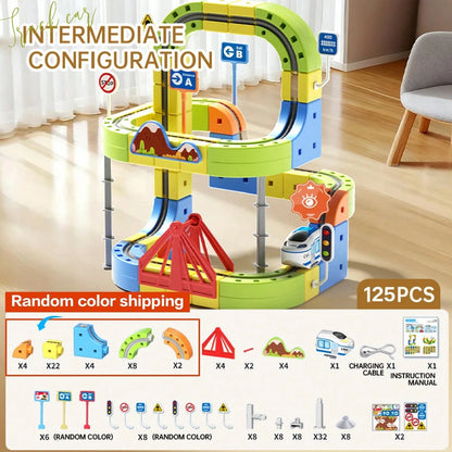 1 Set DIY Multi-Function 3D Building Block Track Set Train Toy, Includes Train And Traffic Signs, STEM Toy, Creative Building Block Track Car, Electric Track Car, Suitable For Boys And Girls, Christma