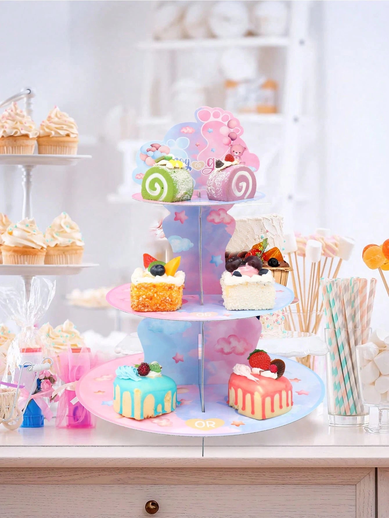 1 Set Pink & Blue Teddy Bear Style Cupcake Stand, Gender Reveal Party Cupcake Holder, Teddy Bear Cupcake Stand, Boy Or Girl Baby Shower Dessert Display Rack, Suitable For Cake Decoration, Baby Shower