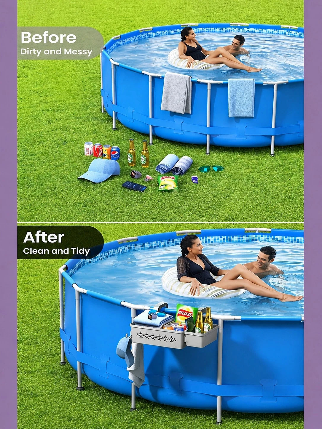 1 Set Poolside Storage Basket With Drink Holder And Hooks- Space-Saving Hanging Storage Rack For Towels, Snacks And Pool Toys- Suitable For Most Above Ground Pools, Perfect For Poolside Leisure, Poo