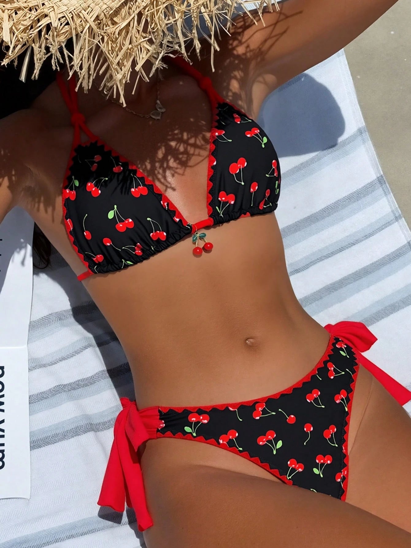 1 Set Women's Floral Print Halter Tie Bikini Two Pieces Swimwear, Fashionable Beach Outfit Summer Vacation