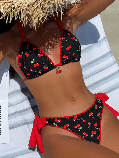 1 Set Women's Floral Print Halter Tie Bikini Two Pieces Swimwear, Fashionable Beach Outfit Summer Vacation