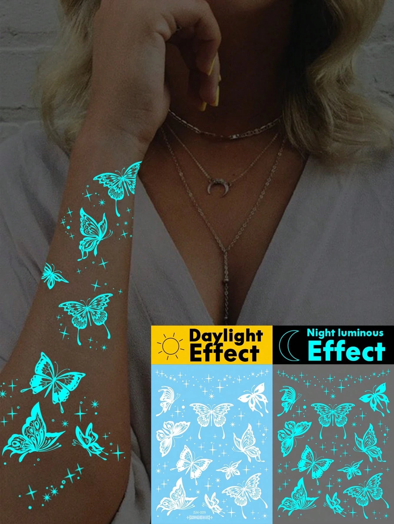 1 Sheets Large Size Blue Luminous And White Ink Glow In The Dark Originality Body Art Temporary Tattoo Stickers, Glitter Butterfly Starlight Pattern,Waterproof Fake Tattoo, Lasts 2-5 Days, Covering Sc