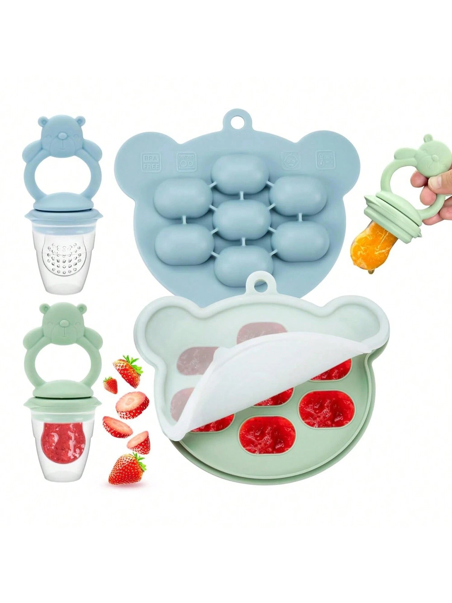 1 Teddy Bear, Paired With 1 Small Bear Baby Food Box Ice Cube Holder, Baby Fruit And Vegetable Food Maker, Silicone Feeding Set, Baby Food Toothy