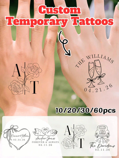 10/20/30/60pcs Customized Wedding Temporary Tattoo Stickers, Wedding Favors, 5 Styles Available, Valentine's Day Gift, Bridesmaid Gift, Christmas Gift, Party Decor, Bachelorette Party