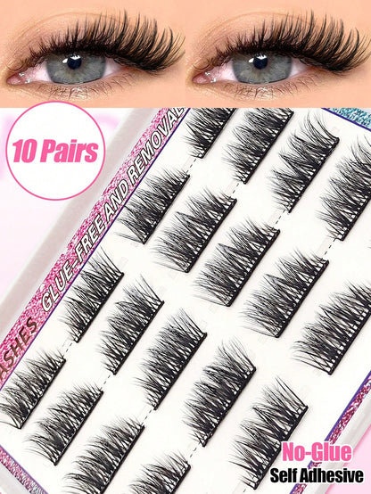 10 Pairs Glue Free Eyelashes And Fluffy Individual Lashes, Press On Lashes Crossed Self Adhesive Eyelash Extension Set Long Lasting Soft And Light Wear, DIY Eye Lash Gift For Women & Girl Lashes, Lash