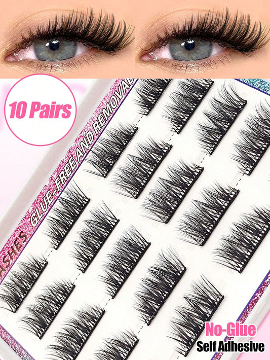 10 Pairs Glue Free Eyelashes And Fluffy Individual Lashes, Press On Lashes Crossed Self Adhesive Eyelash Extension Set Long Lasting Soft And Light Wear, DIY Eye Lash Gift For Women & Girl Lashes, Lash
