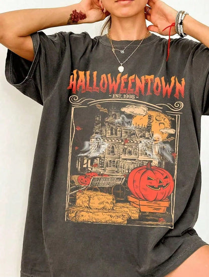 100% Cotton Vintage Halloween Spooky Season Town Est.1998 T-Shirt, Women's Retro Haunted Pumpkin Ghost Tee, Spooky Season 90s Y2K Oversized Shirt