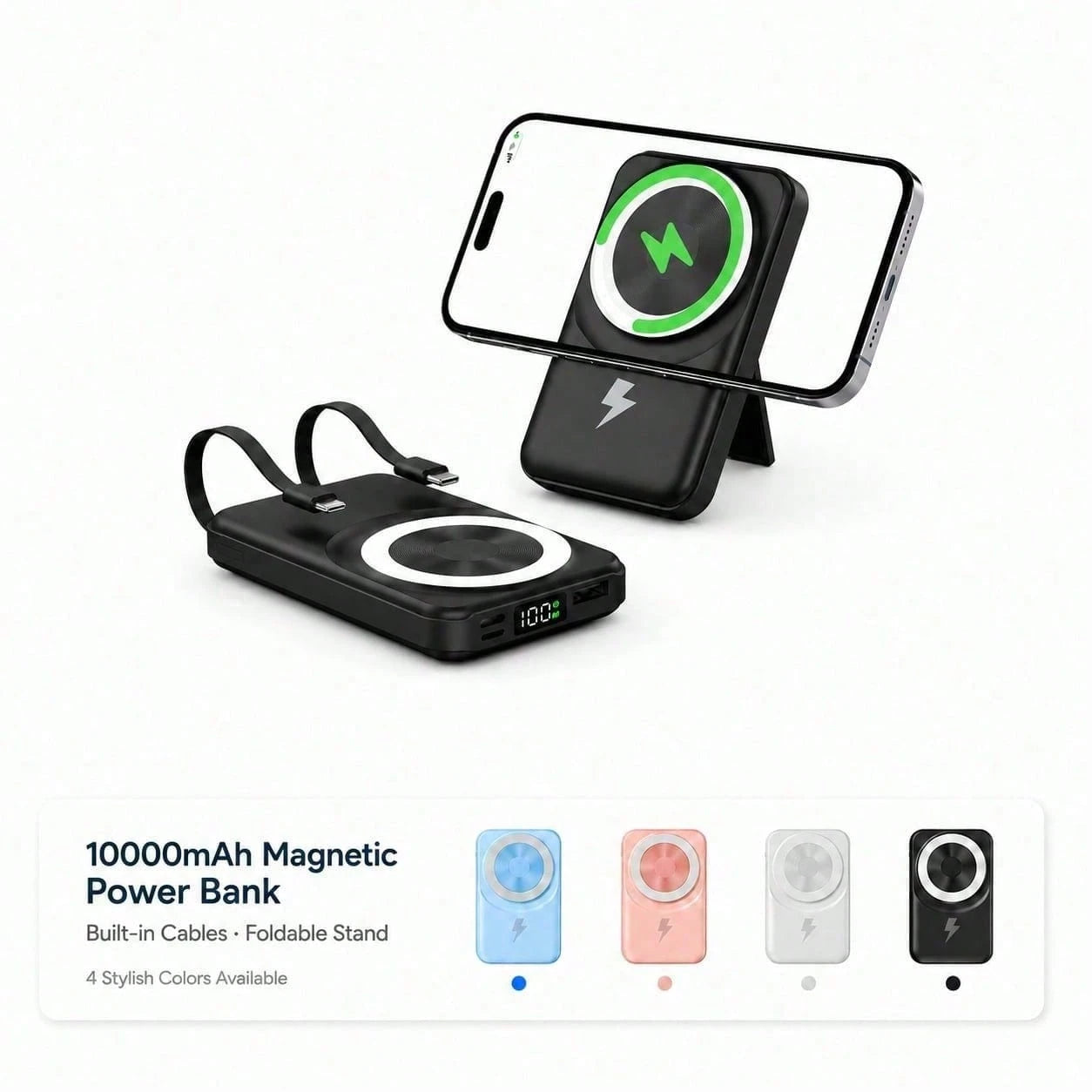 10000mAh Foldable Magnetic Charging Bank With Built-In Cables, 15W Wireless Charging 22.5W Wired Fast Charging LED Power Indicator, Travel Essentials Camping Essentials Back To School Supplies School