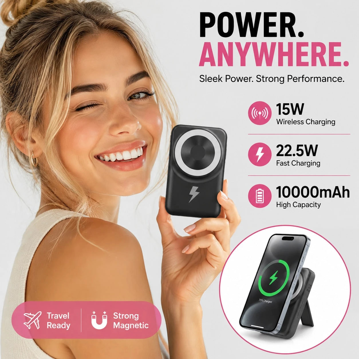 10000mAh Magnetic Portable Charging Bank With Foldable Stand, 15W Wireless Charging 22.5W Fast Charging Built-In Dual Cables LED Display, Travel Essentials Camping Gear Back To School Supplies School
