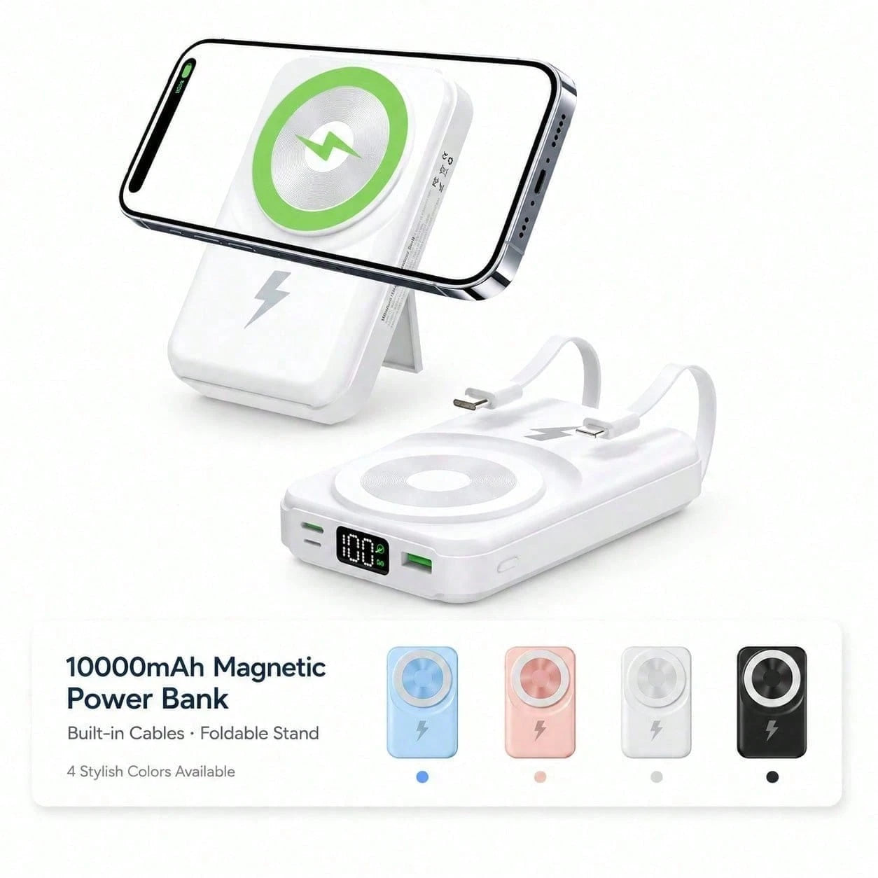 10000mAh Magnetic Portable Charging Bank With Foldable Stand, 15W Wireless Charging 22.5W Fast Charging Built-In Dual Cables LED Display, Travel Essentials Camping Gear Back To School Supplies School