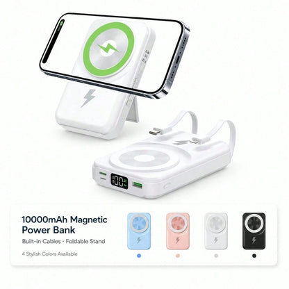 10000mAh Magnetic Power Bank With Built-In Charging Cables Foldable Stand, 15W Wireless Charging 22.5W Fast Wired Charging LED Battery Indicator, Travel Essentials Camping Essentials Back To School Su