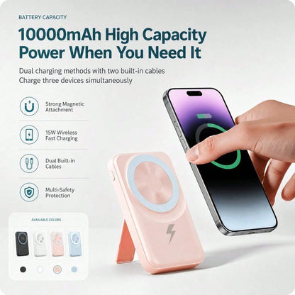 10000mAh Magnetic Power Bank With Built-In Charging Cables Foldable Stand, 15W Wireless Charging 22.5W Fast Wired Charging LED Battery Indicator, Travel Essentials Camping Essentials Back To School Su
