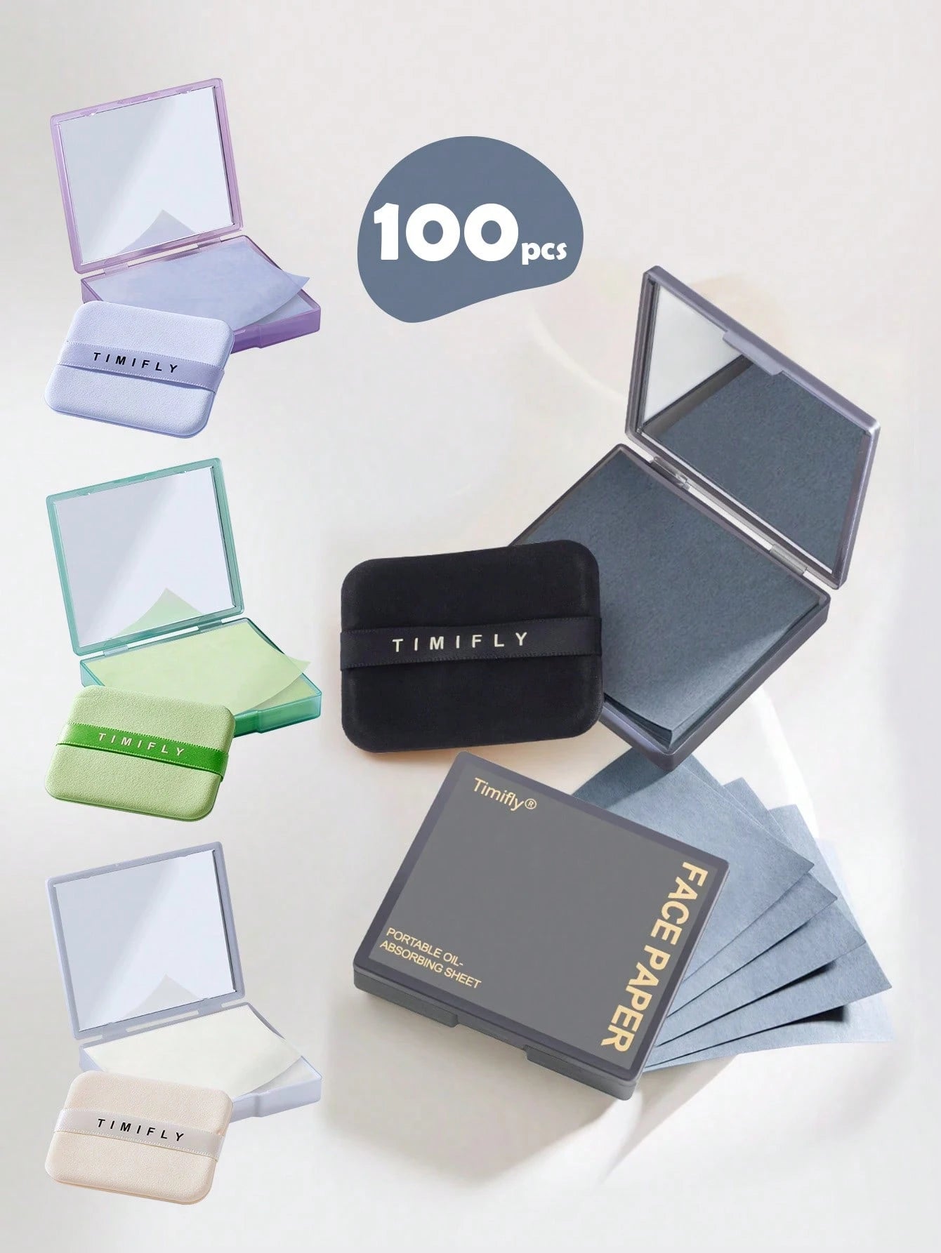 100pcs Portable Blotting Papers, Designed For Oily Skin, 3-In-1 Function With Mirror, Powder Puff And Blotting Papers, Lavender, Gardenia, Green Tea, Bamboo Charcoal Natural Soft Facial Blotting Paper