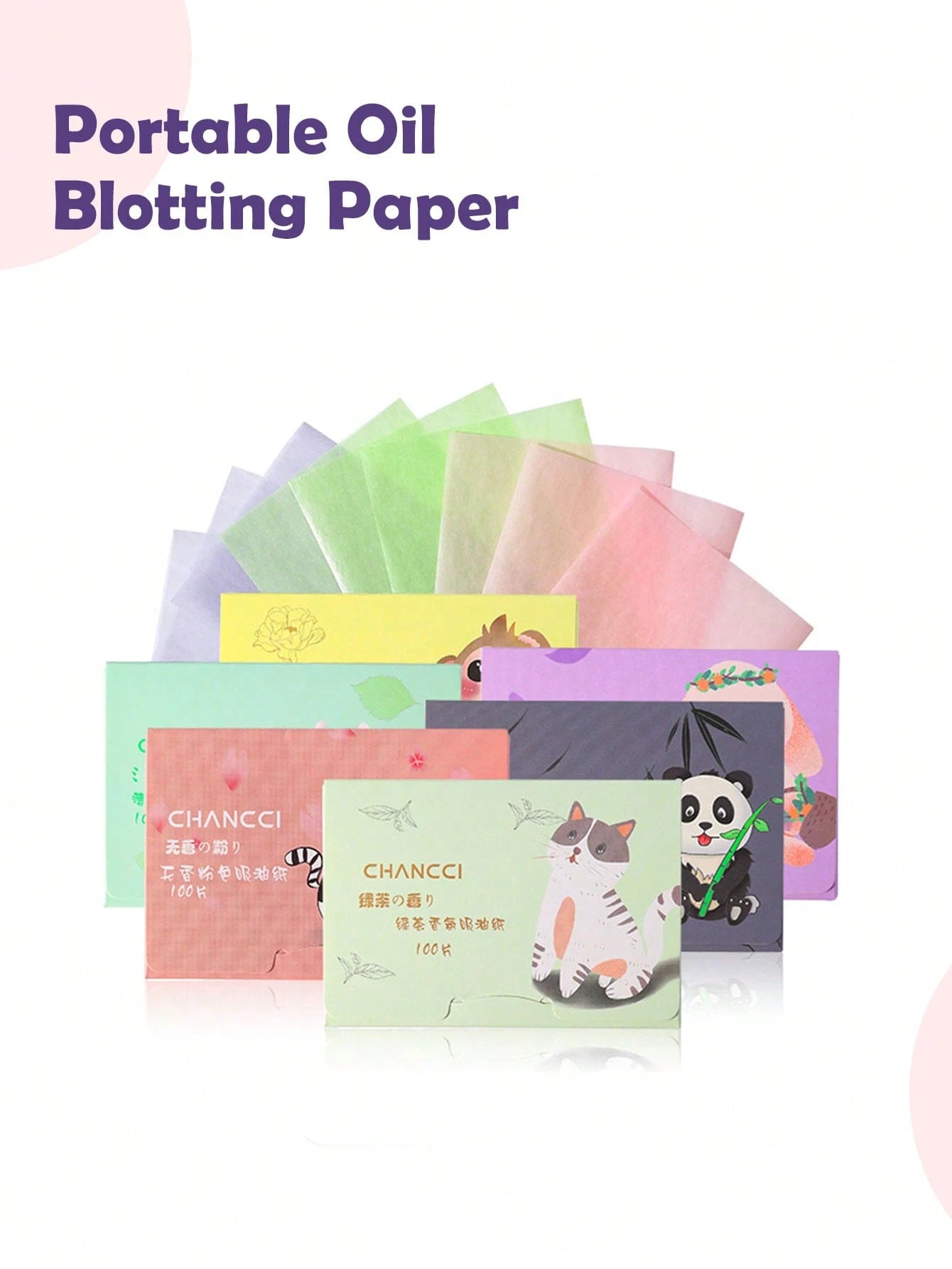 100pcs Portable Blotting Papers, Designed For Oily Skin, 3-In-1 Function With Mirror, Powder Puff And Blotting Papers, Lavender, Gardenia, Green Tea, Bamboo Charcoal Natural Soft Facial Blotting Paper