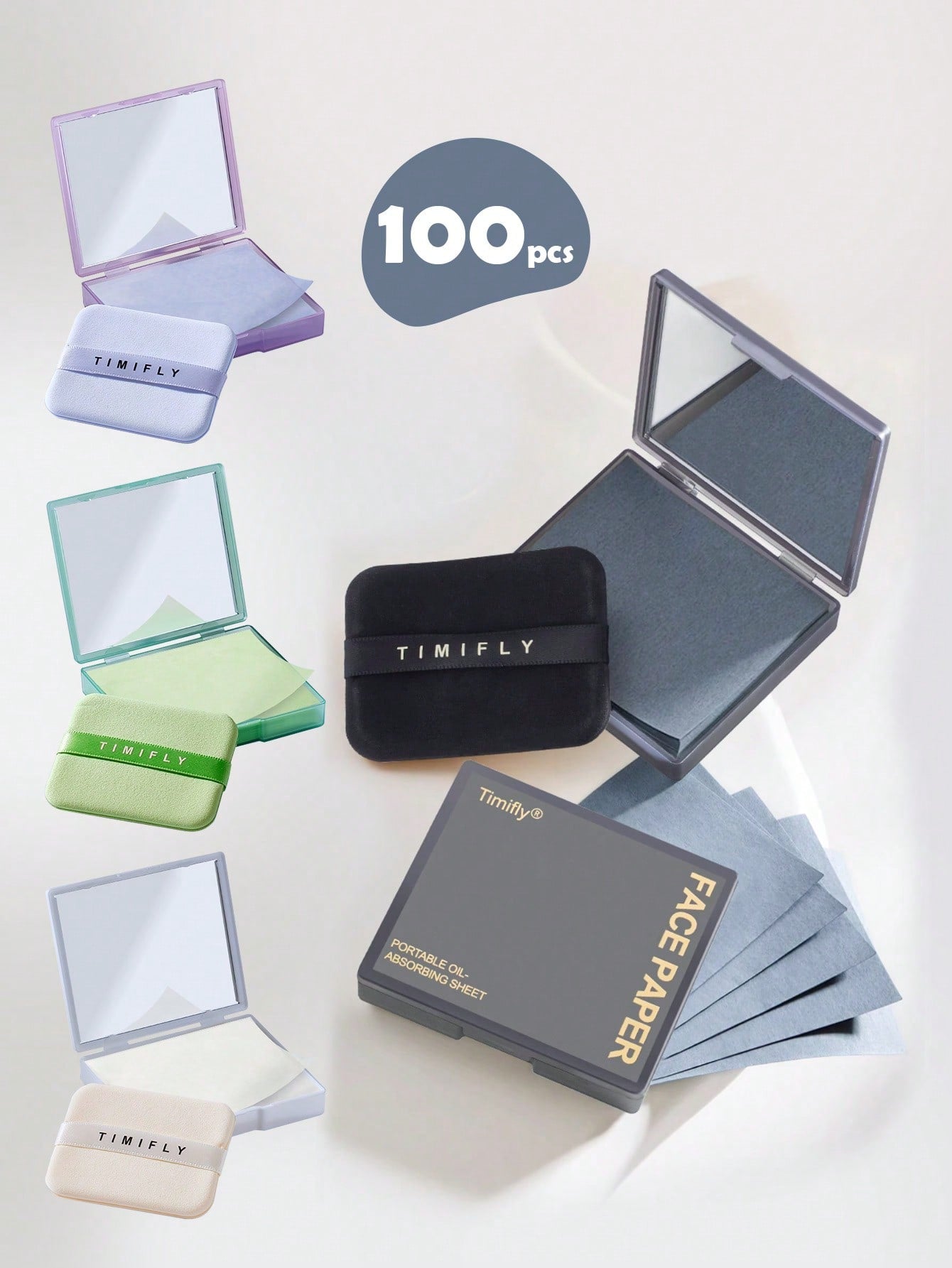 100pcs Portable Blotting Papers, Designed For Oily Skin, 3-In-1 Function With Mirror, Powder Puff And Blotting Papers, Lavender, Gardenia, Green Tea, Bamboo Charcoal Natural Soft Facial Blotting Paper