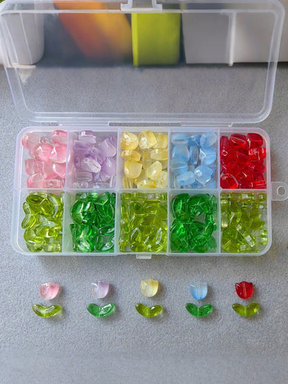 100pcs Tulip Flowers And Leaves Glass Beads For Jewelry Making Spacer Beads Kit Set For DIY Bracelets, Necklaces, Earrings, Bags, Phone Charms, Car Charms, Etc