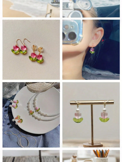 100pcs Tulip Flowers And Leaves Glass Beads For Jewelry Making Spacer Beads Kit Set For DIY Bracelets, Necklaces, Earrings, Bags, Phone Charms, Car Charms, Etc