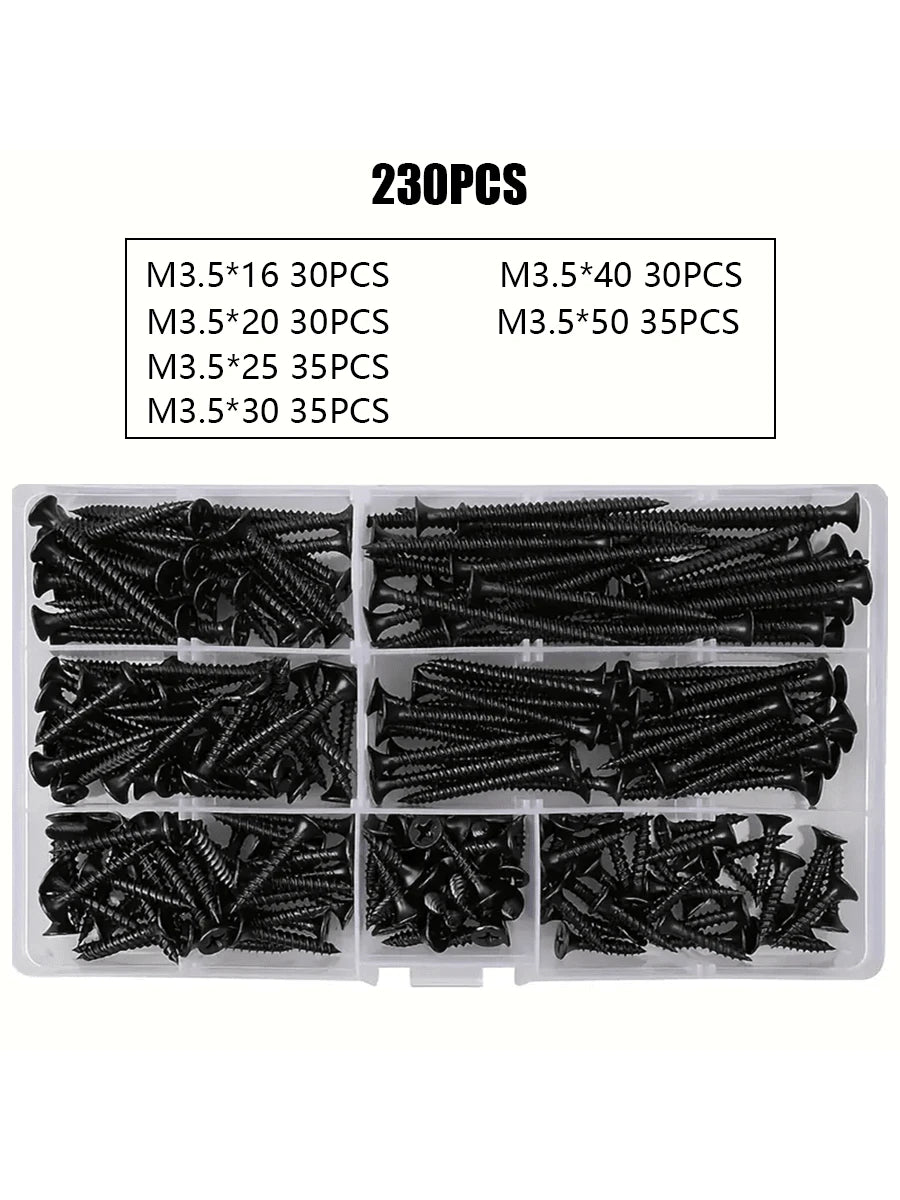 105/230pcs Box Autoscrew Kit, Black Carbon Steel Screws, Cross-Head Flat Screws Combo Set, Wooden Galvanized Woodworking Screws M3.5*16-50mm
