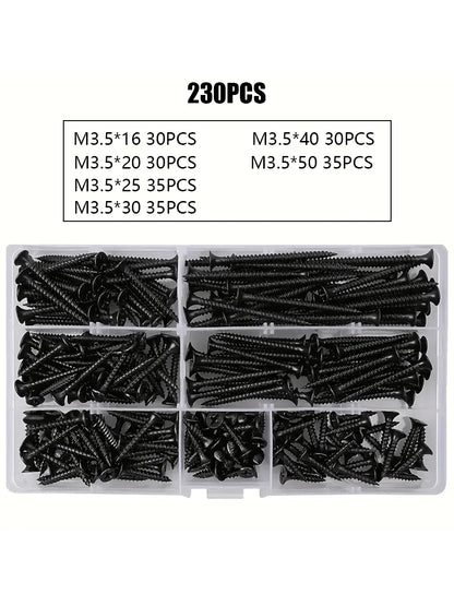 105/230pcs Box Autoscrew Kit, Black Carbon Steel Screws, Cross-Head Flat Screws Combo Set, Wooden Galvanized Woodworking Screws M3.5*16-50mm