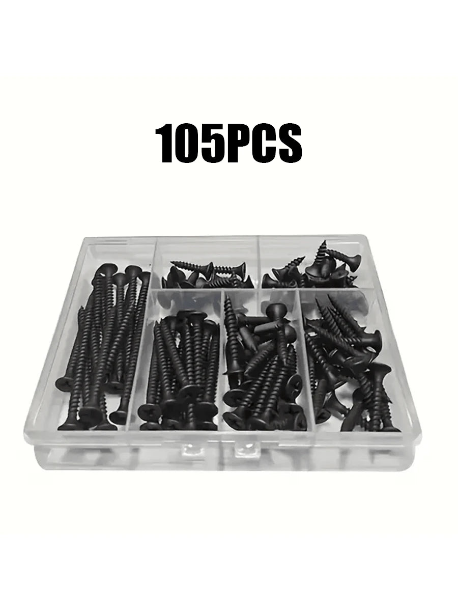 105/230pcs Box Autoscrew Kit, Black Carbon Steel Screws, Cross-Head Flat Screws Combo Set, Wooden Galvanized Woodworking Screws M3.5*16-50mm