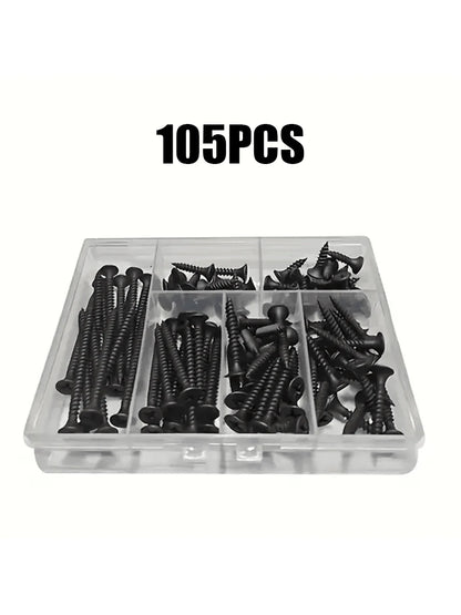 105/230pcs Box Autoscrew Kit, Black Carbon Steel Screws, Cross-Head Flat Screws Combo Set, Wooden Galvanized Woodworking Screws M3.5*16-50mm