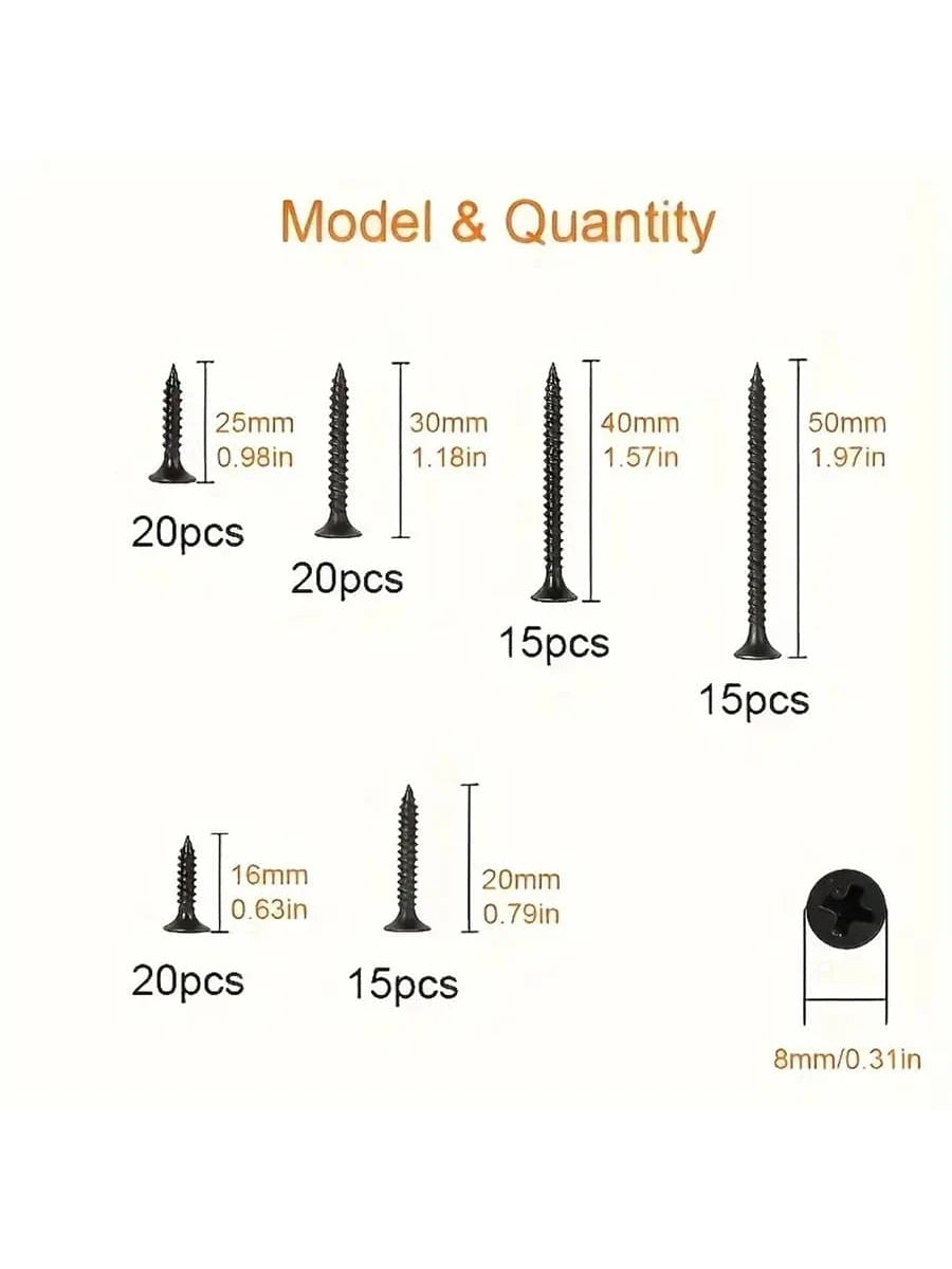 105/230pcs Box Autoscrew Kit, Black Carbon Steel Screws, Cross-Head Flat Screws Combo Set, Wooden Galvanized Woodworking Screws M3.5*16-50mm