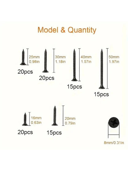 105/230pcs Box Autoscrew Kit, Black Carbon Steel Screws, Cross-Head Flat Screws Combo Set, Wooden Galvanized Woodworking Screws M3.5*16-50mm