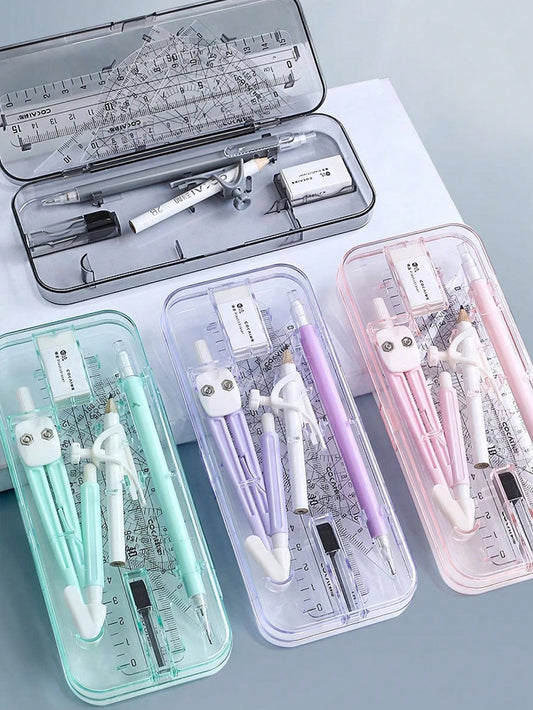 10pcs Compass And Ruler Set Student Learning Supplies Exam Dedicated Compass Straight Ruler Triangle Ruler Protractor Student Set Ruler Stationery Multi-Function Clip Pen Ruler