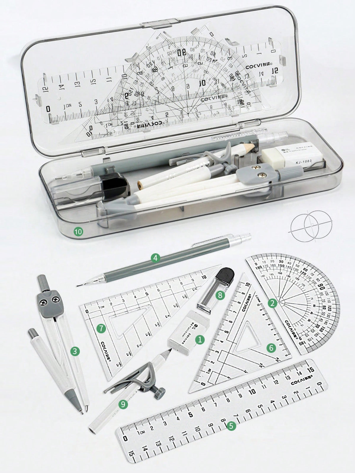 10pcs Compass And Ruler Set Student Learning Supplies Exam Dedicated Compass Straight Ruler Triangle Ruler Protractor Student Set Ruler Stationery Multi-Function Clip Pen Ruler