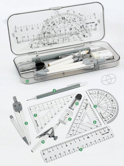 10pcs Compass And Ruler Set Student Learning Supplies Exam Dedicated Compass Straight Ruler Triangle Ruler Protractor Student Set Ruler Stationery Multi-Function Clip Pen Ruler