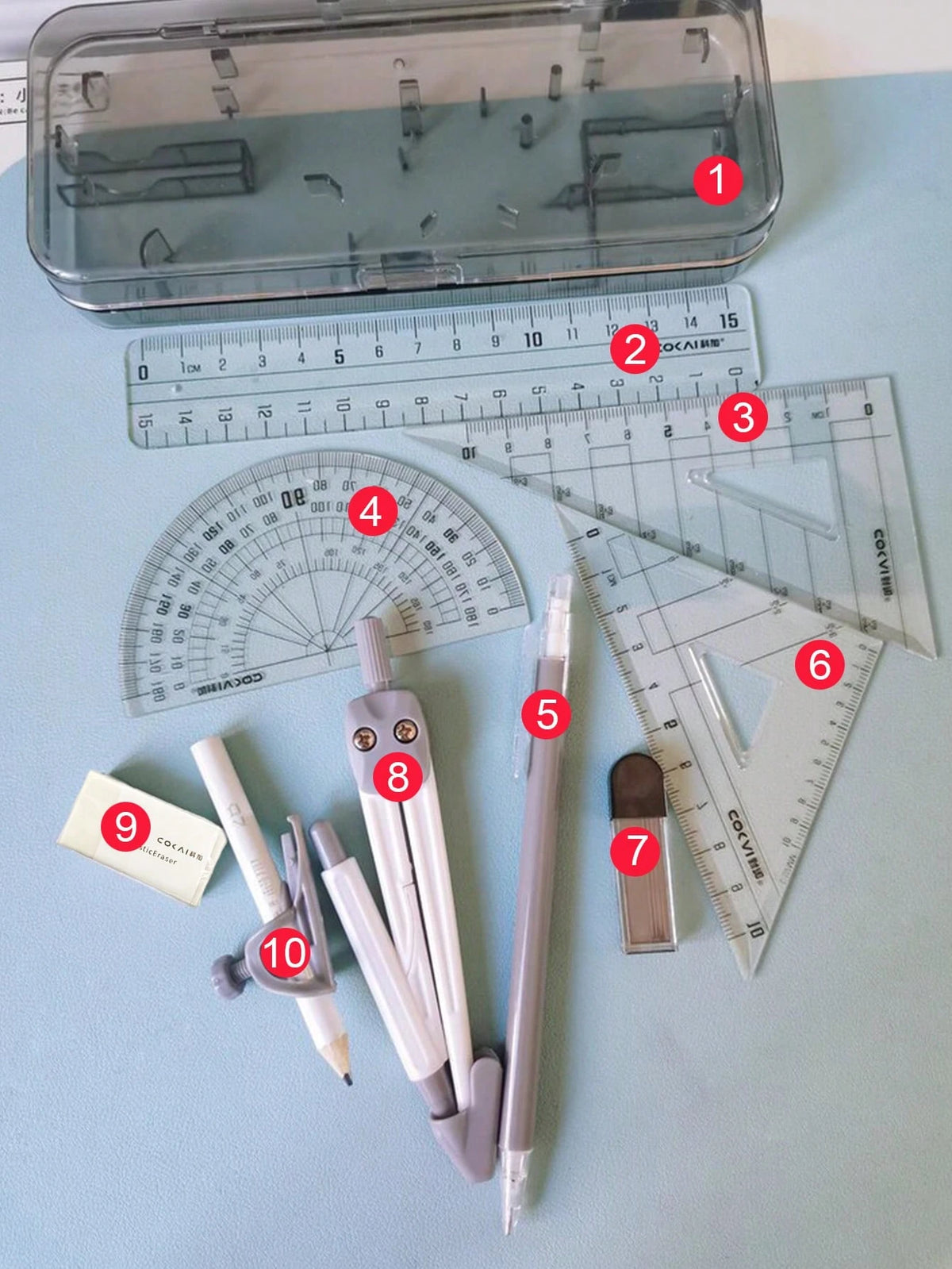 10pcs Compass And Ruler Set Student Learning Supplies Exam Dedicated Compass Straight Ruler Triangle Ruler Protractor Student Set Ruler Stationery Multi-Function Clip Pen Ruler