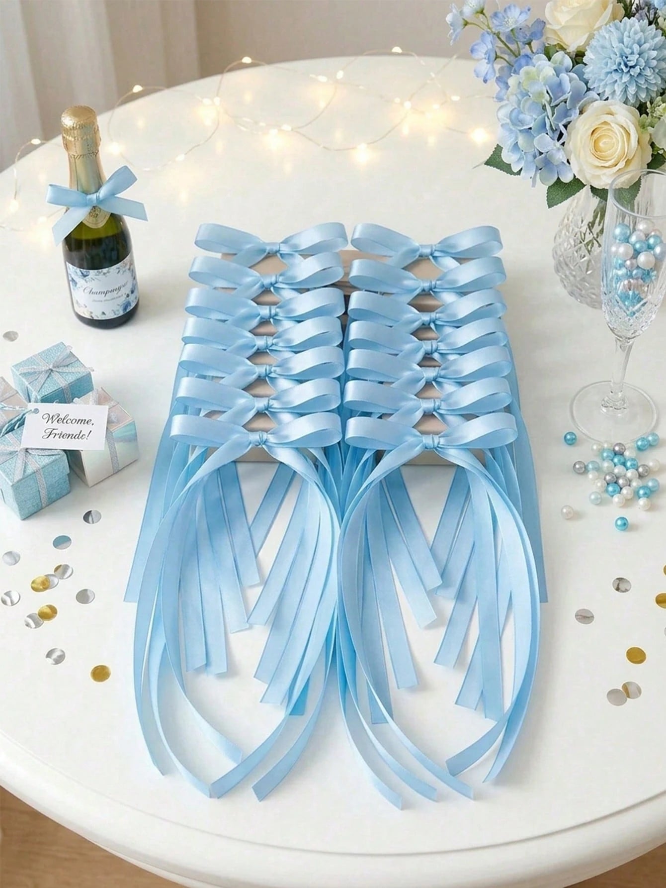 10pcs Handmade Blue Satin Ribbon Bows, Handcrafted Bow Accessories, DIY Craft, Background Decor, Bow Decoration, Wedding Supplies, Bridal Shower Party Favors, Baby Shower Decorations, Newborn Party De