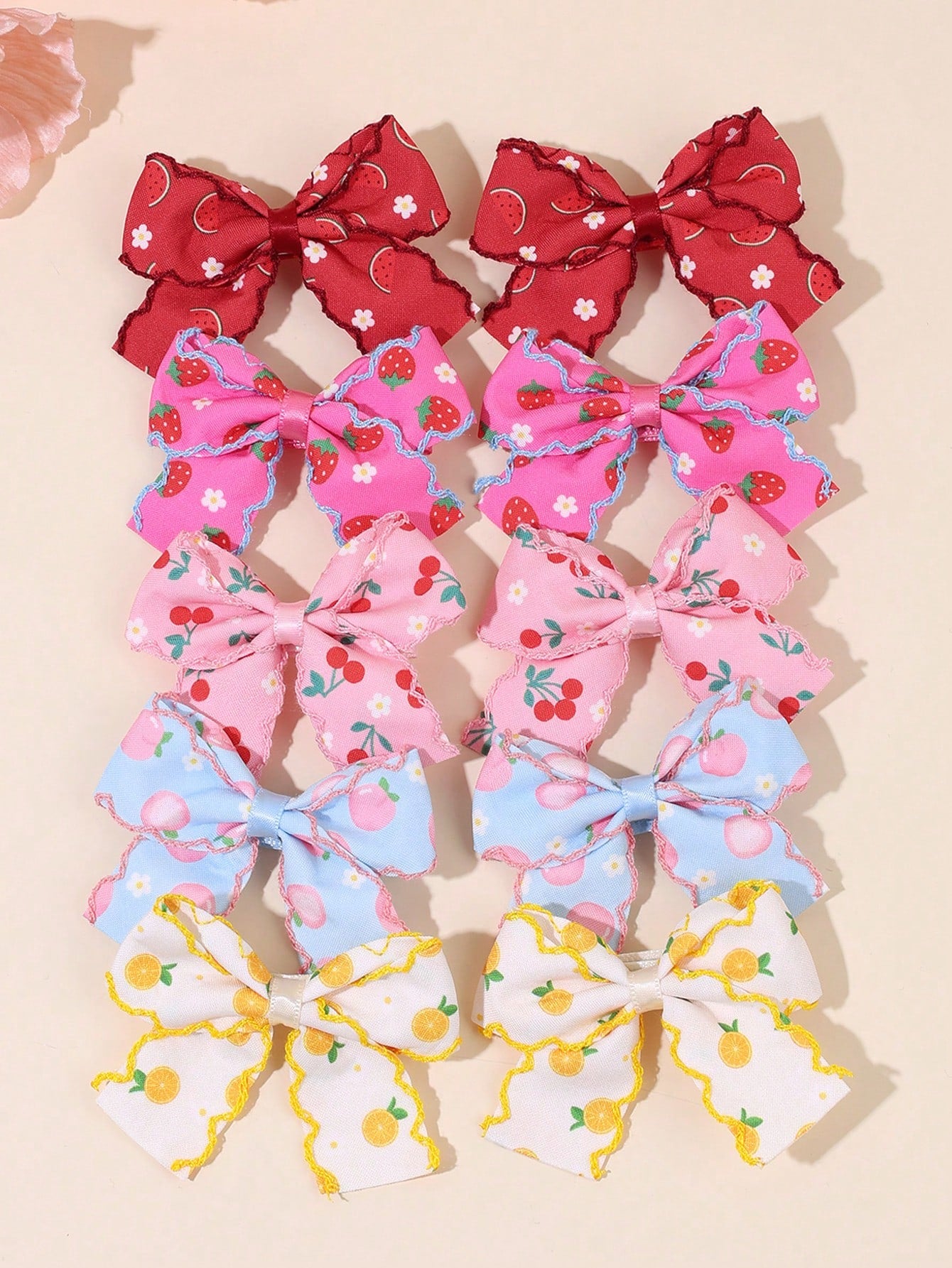 10pcs/Set Girls Fruit Hair Clips, Cute Fruit Bow Hair Clips, Candy Color Fruit Hair Pins With Embroidery Ruffle Edge, Toddler Hair Accessories For Holiday Party