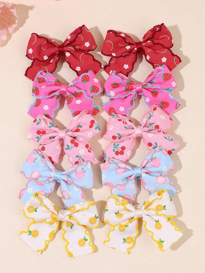 10pcs/Set Girls Fruit Hair Clips, Cute Fruit Bow Hair Clips, Candy Color Fruit Hair Pins With Embroidery Ruffle Edge, Toddler Hair Accessories For Holiday Party