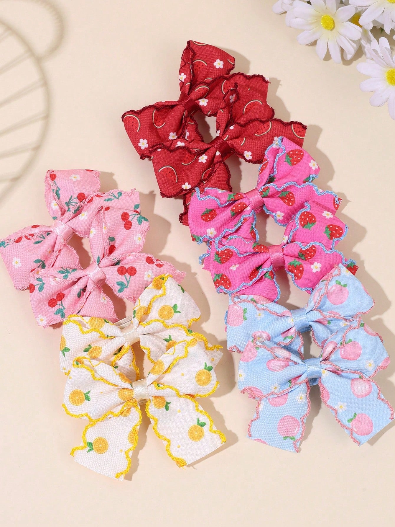 10pcs/Set Girls Fruit Hair Clips, Cute Fruit Bow Hair Clips, Candy Color Fruit Hair Pins With Embroidery Ruffle Edge, Toddler Hair Accessories For Holiday Party
